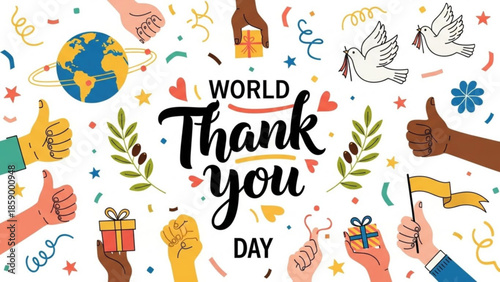 World Thank You Day celebration with diverse hands gifts doves and globe vector illustration for greeting cards and social media