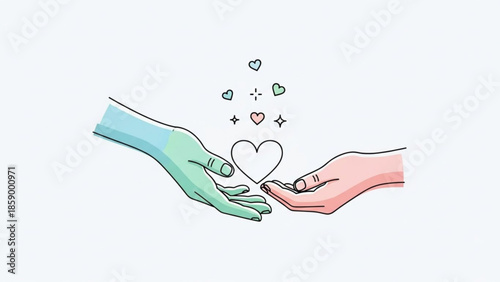 Two hands one green and one pink exchanging a heart symbol with small hearts and sparkles representing love care and connection isolated on a white background