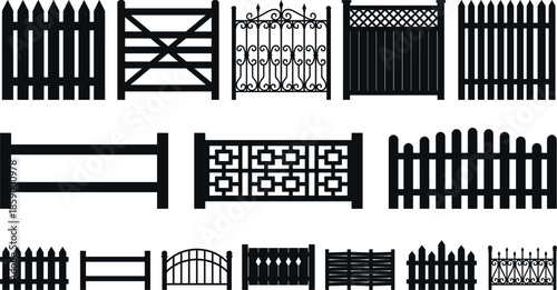 Fence and gate silhouette set isolated on white background, garden barrier collection, decorative metal wooden fence icons black vector illustration