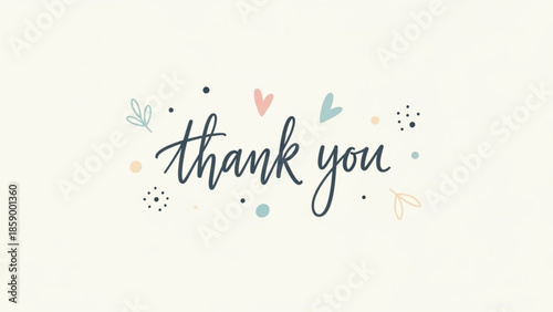 Handwritten thank you text with cute pastel hearts and leaves a sweet greeting card or social media post for appreciation isolated on a cream background
