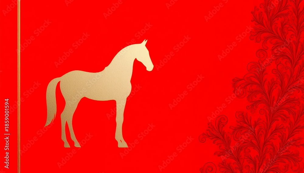 Obraz premium Elegant White Horse Silhouette on Red Background with Ornate Design