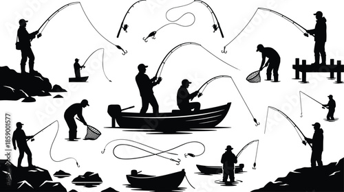 Fishing silhouettes collection showing anglers casting rods from boat shore pier lake river fly fishing black vector illustration outdoor sport