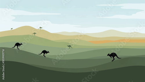 Kangaroos running across a serene Australian landscape with rolling hills and sparse trees under a cloudy sky