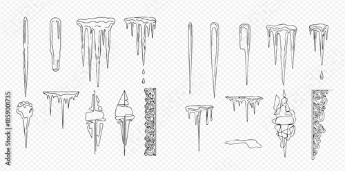 Set of hand-drawn icicles, frozen water, and ice elements in sketch style on transparent background.