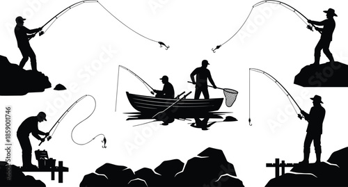 Fishing silhouettes set showing anglers casting rods from shore boat lake isolated on white background outdoor sport illustration vector design