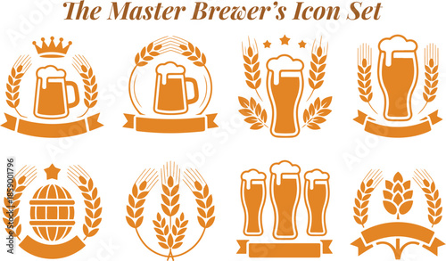 Rustic Beer Brewing Badges Featuring Mugs Glasses and Grains