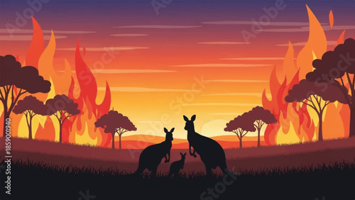 Kangaroo and joey silhouetted against a fiery orange sunset in the Australian outback during a wildfire