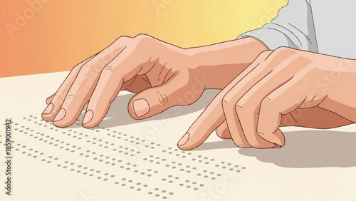 Hands reading Braille on a page with fingers on raised dots in a vivid illustration