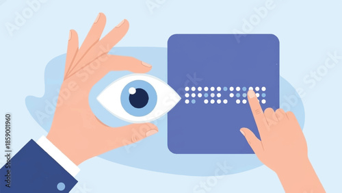 Hands interacting with a digital interface displaying braille, focusing on accessibility technology.