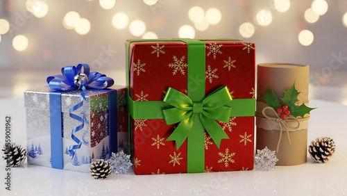 Joyful Christmas presents lovingly wrapped to share holiday cheer and festive magic with sparkling snow pinecones and