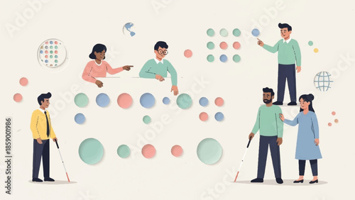 Diverse individuals collaborating on a data visualization project in a modern, minimalist environment from a bird's eye view