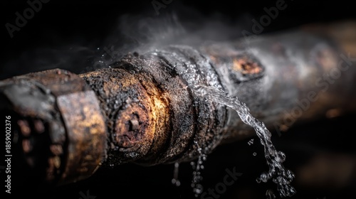 A rusty, old pipe is leaking water and steam against a dark background. Useful for illustrating plumbing problems, decay, or home repair needs.