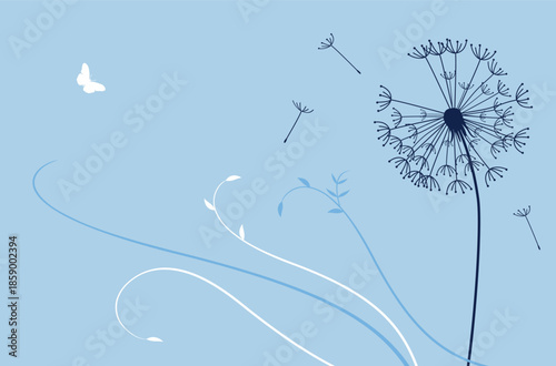 Dandelions and butterfly on the wall background.  Vector illustration