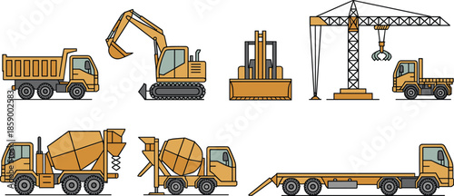 Construction equipment set with excavator crane dump truck concrete mixer flat vector illustration heavy machinery collection