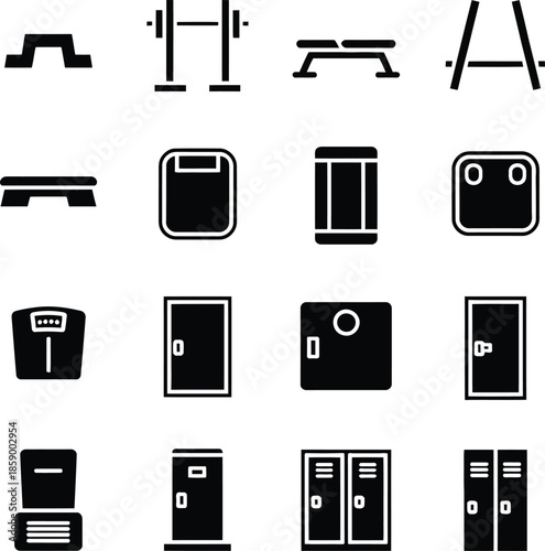 A set of black silhouette icons representing various gym equipment and accessories