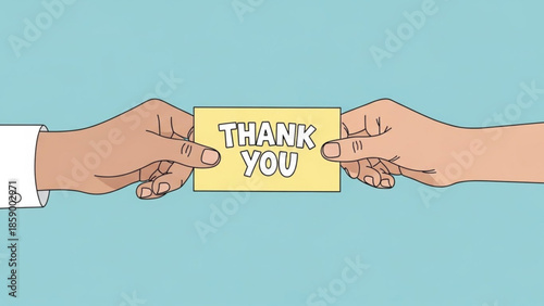 Two hands exchanging a yellow card with THANK YOU text representing gratitude and appreciation isolated on a light blue background