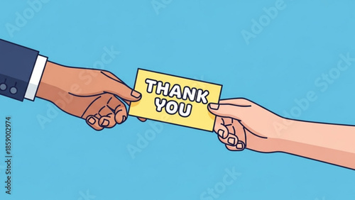 Hands exchanging a Thank You card representing gratitude appreciation and a gesture of thanks isolated on a blue background