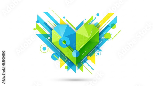Abstract geometric heart shape vibrant digital art with blue and green polygons representing love and technology for modern design