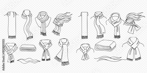 Hand-drawn sketch set of various scarves and shawls in different styles and folds.