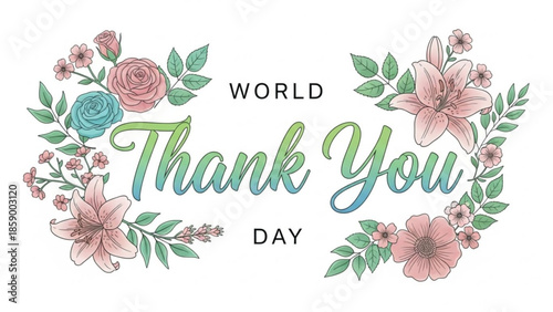 World Thank You Day floral illustration with elegant script text perfect for greeting cards social media posts and event invitations