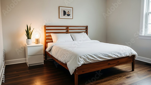 Clean Bedroom Interior with Wooden Bed Frame, White Linens, and Nightstand Lamp