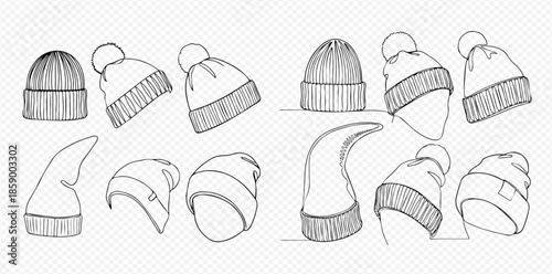 Set of hand-drawn winter hats and beanies with pom-poms, sketch style vector illustration.