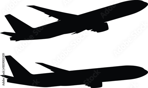 Jet airplane silhouette side view set showing takeoff and cruising flight aircraft, modern aviation transportation illustration isolated on white background