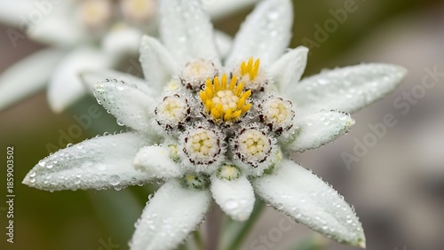 Edelweiss flower covered in water droplets macro shot
