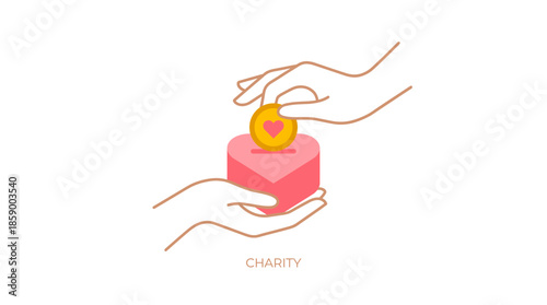 Hands donating a gold coin with a heart into a pink heart-shaped charity box, symbolizing giving and philanthropy.
