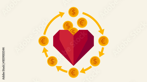 A vibrant illustration depicting a red heart at the center, surrounded by a circular flow of gold coins with dollar and euro symbols, indicating a continuous cycle of financial exchange or donation.