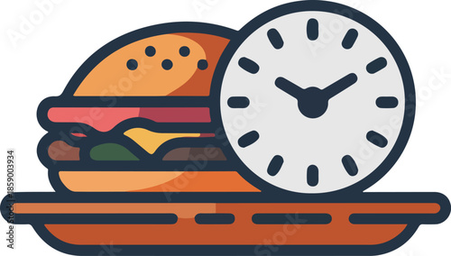 Flat Design Burger with Clock Vector Graphic Illustration Perfect for Fast Food and Time-Themed Projects ...