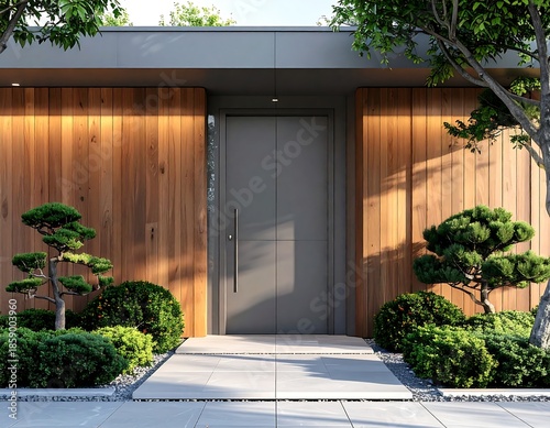 Modern home entrance with wooden walls, plants, and a gray door