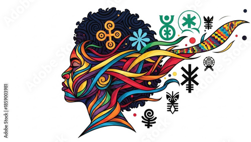 Vibrant Cultural Illustration of a Person's Profile with Intricate Patterns and Symbols