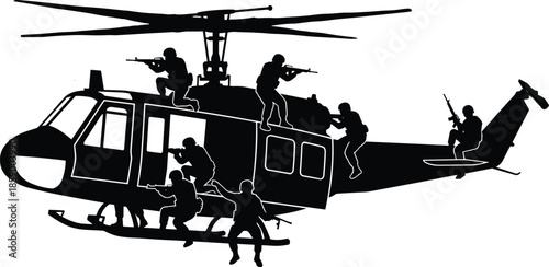 Military helicopter silhouette with armed soldiers in combat action, special forces tactical mission illustration isolated on white background vector art