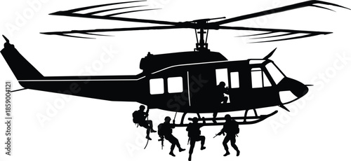 Military helicopter silhouette with soldiers rappelling during tactical operation, special forces mission concept isolated on white background illustration vector artwork