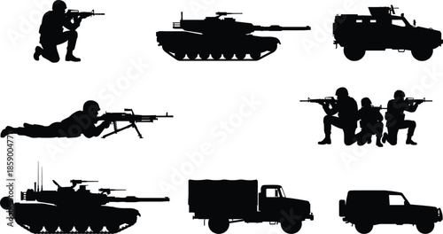 Military silhouette set with soldiers tanks armored vehicles and trucks, modern warfare army equipment black icons isolated white background