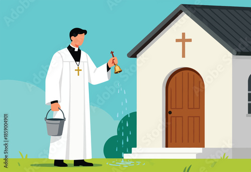 Cleric with bell and bucket performs ritual outside a church