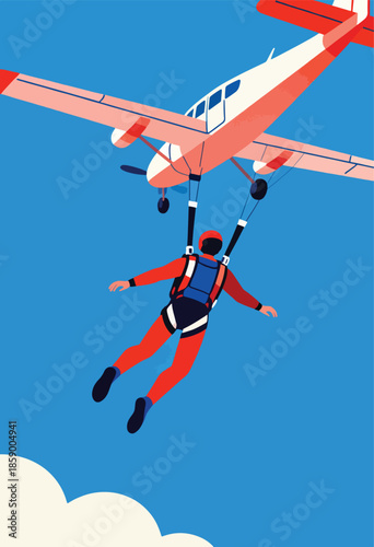 Skydiver descends from an airplane under a clear blue sky with white clouds