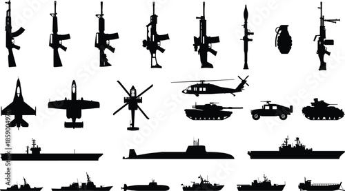 Modern military weapon and vehicle silhouettes set with rifles aircraft tanks ships submarines isolated on white background defense illustration