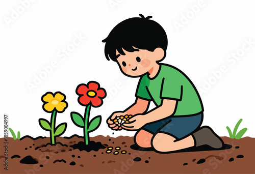A smiling child plants seeds near two colorful flowers in fertile soil