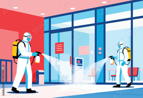 Two individuals in protective suits disinfect a modern interior space
