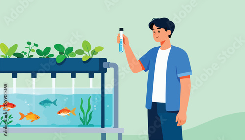 Person examines water sample next to aquaponics system with fish and plants