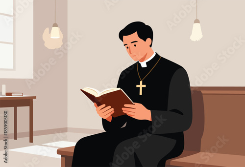 Clergyman with cross necklace reads book on wooden bench