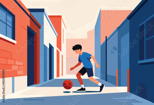 Boy dribbling basketball in a city alleyway with colorful buildings