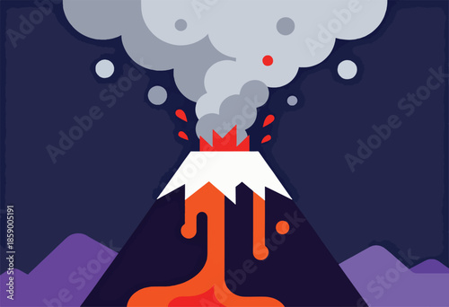Stylized volcano erupting lava and smoke under a dark sky