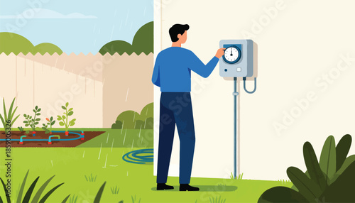 Man adjusts irrigation timer during light rain