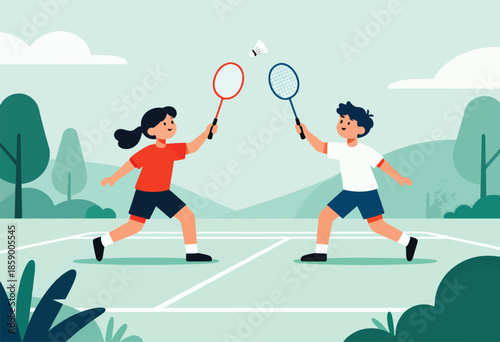 Two children play badminton on a court with trees and clouds in the background