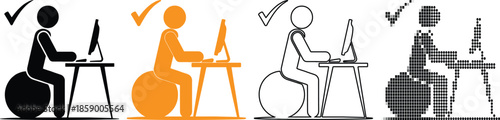 People sitting on exercise balls at desks with computers and correct posture icons