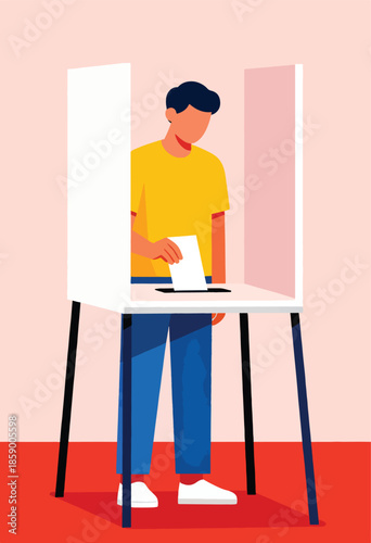 Man in yellow shirt and blue pants casting a vote in a voting booth
