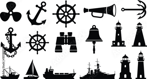 Nautical maritime silhouettes set with anchors ship wheels lighthouses ships binoculars megaphone isolated on white background ocean illustration vector collection